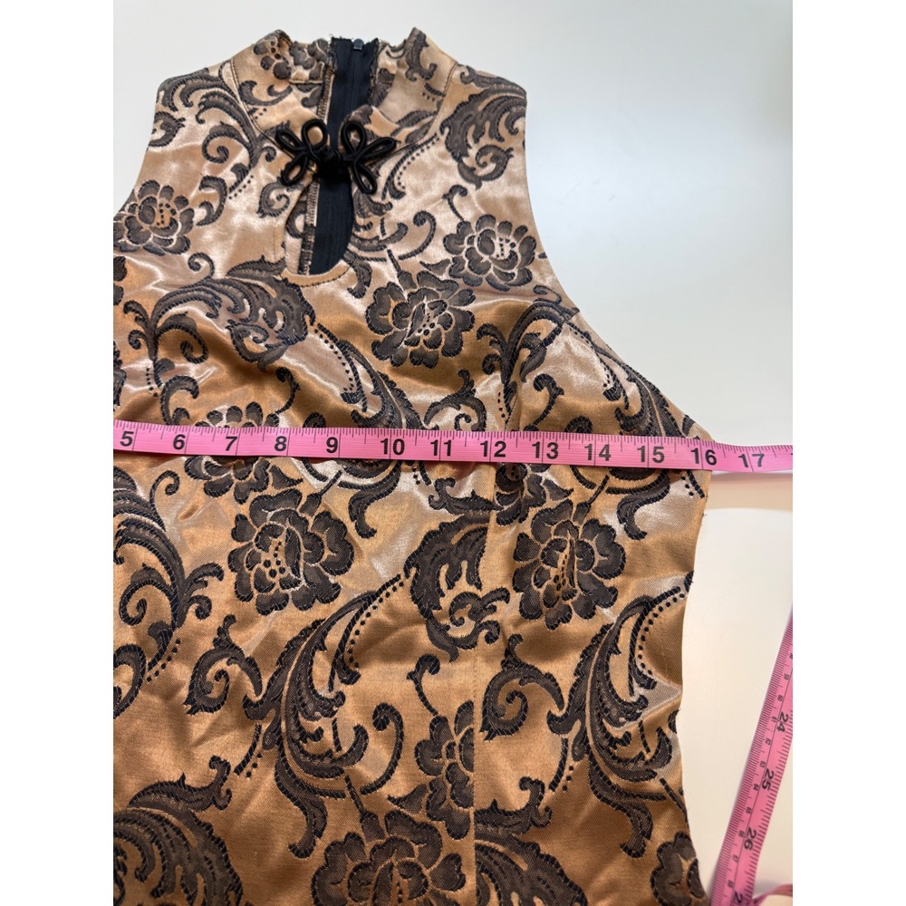 Roberta Vintage Gold Black Floral Damask Mandarin Collar Mini Dress 5/6 USA - Picture 6 of 8